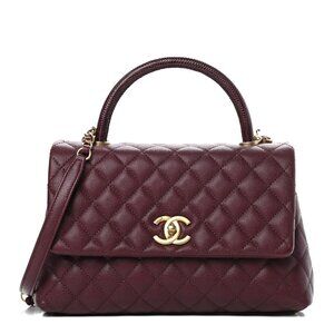 Authentic CHANEL Caviar Lizard Embossed Quilted Small Coco Handle Flap Burgundy